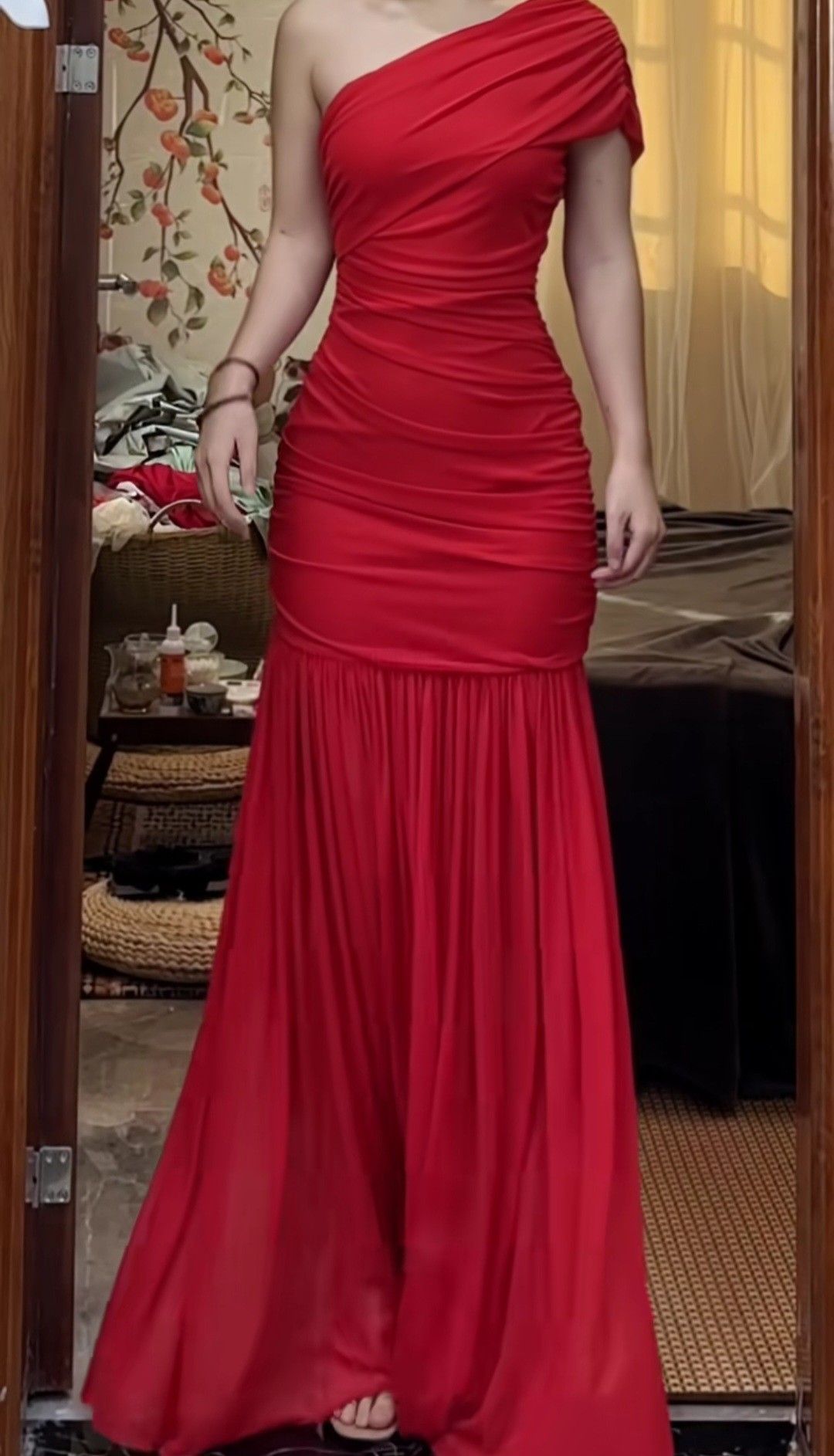 Simple Mermaid One Shoulder Red With Ruffles Long Prom Dresses Impress Wedding Guest Dress Party Gown N290