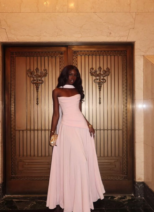 Modest A line Strapless Pink Chiffon Sleeveless Spring Summer Event Outfits Wedding Guest Dresses RB3835