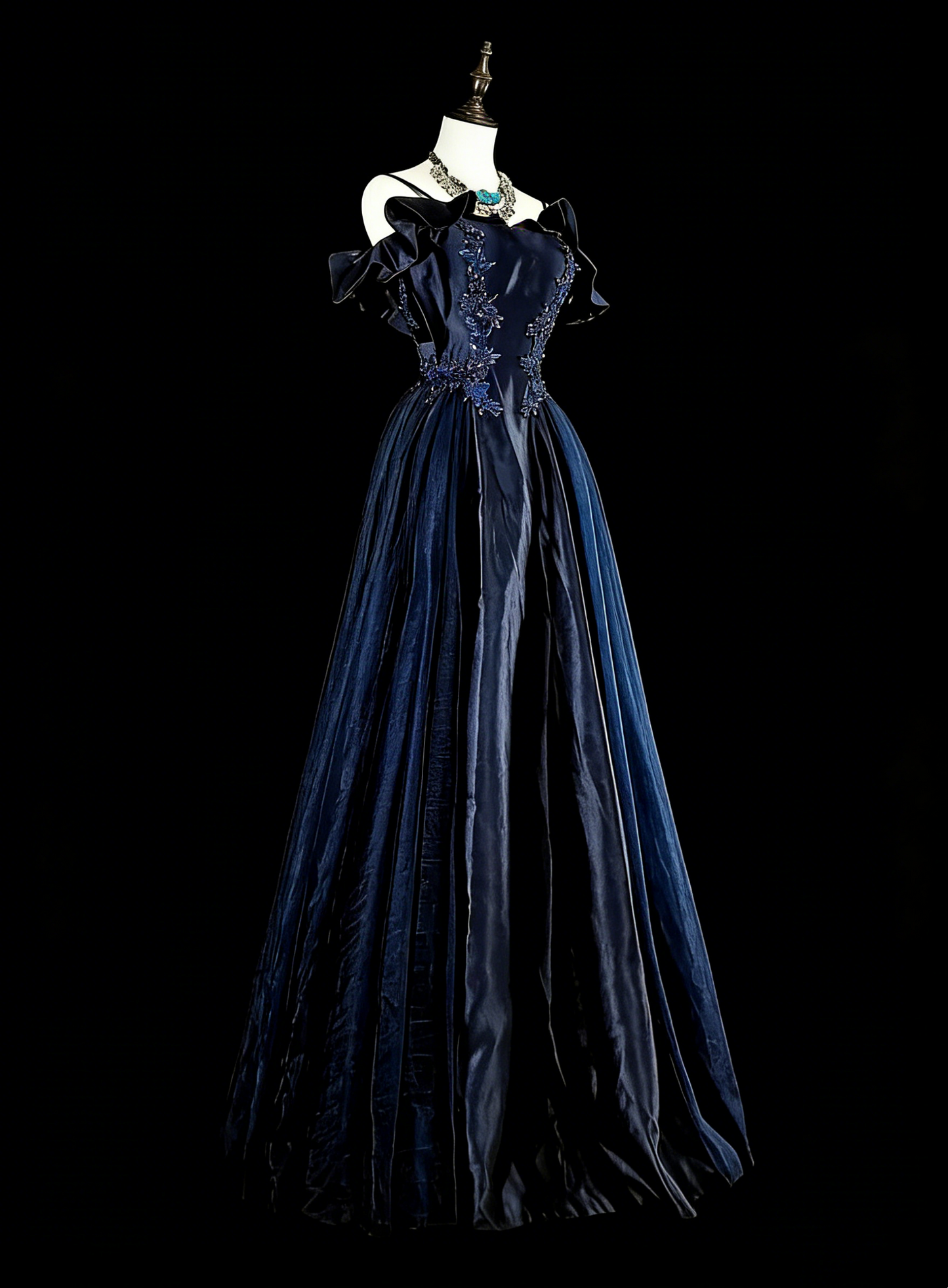 Vintage Abschlussballkleider A-Linie Spaghettiträger Off-Shoulder Marineblau Tüll mit Applikationen 80er Jahre Langes Festkleid N2722