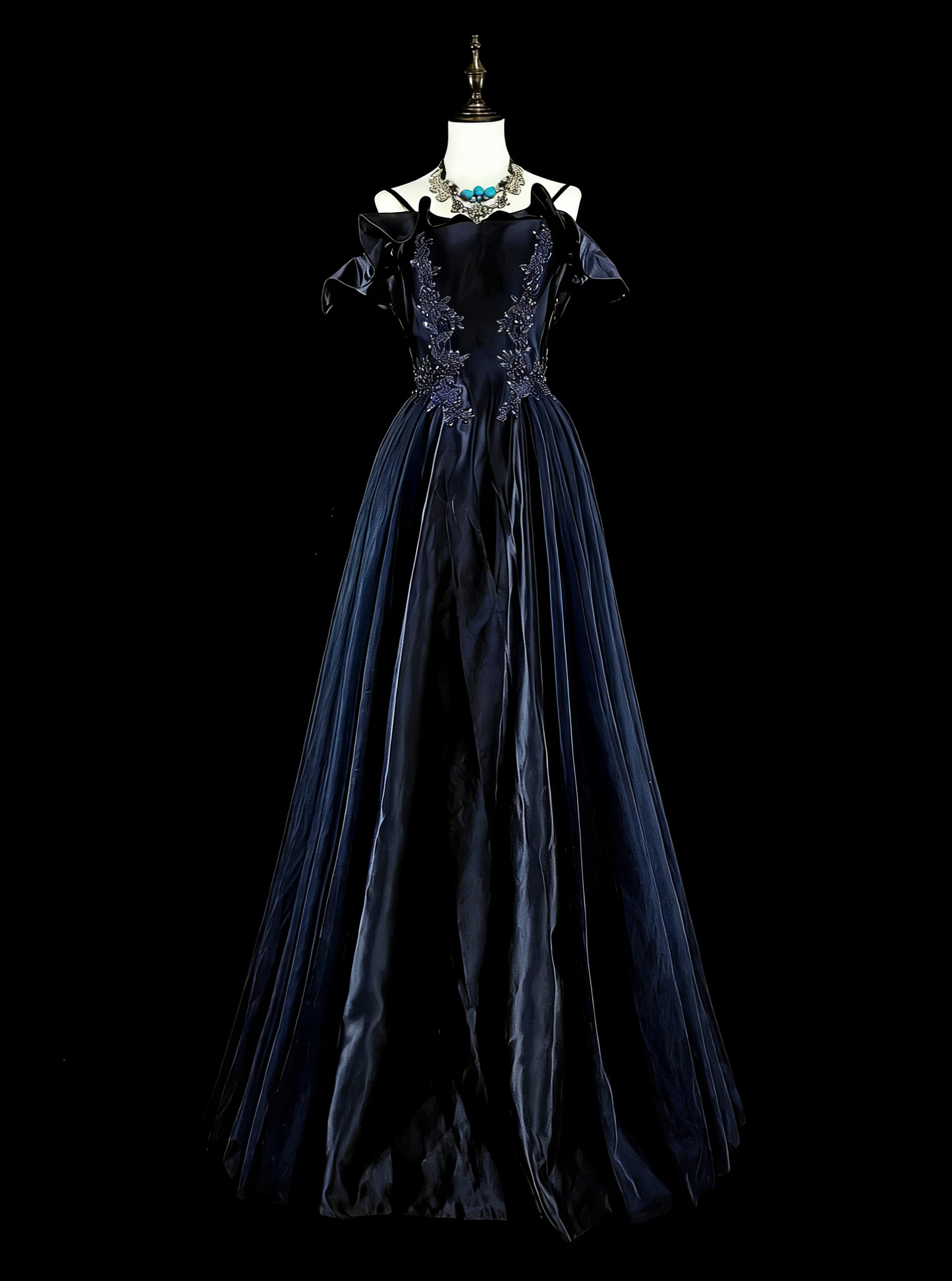 Vintage Abschlussballkleider A-Linie Spaghettiträger Off-Shoulder Marineblau Tüll mit Applikationen 80er Jahre Langes Festkleid N2722