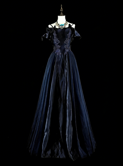 Vintage Abschlussballkleider A-Linie Spaghettiträger Off-Shoulder Marineblau Tüll mit Applikationen 80er Jahre Langes Festkleid N2722