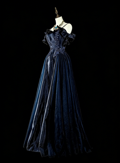 Vintage Abschlussballkleider A-Linie Spaghettiträger Off-Shoulder Marineblau Tüll mit Applikationen 80er Jahre Langes Festkleid N2722