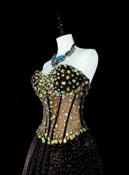 Vintage Prom Dresses Ästhetik 1970er Retro Ballkleid Trägerloses Schwarzes Tüll Langes Abendkleid N2153