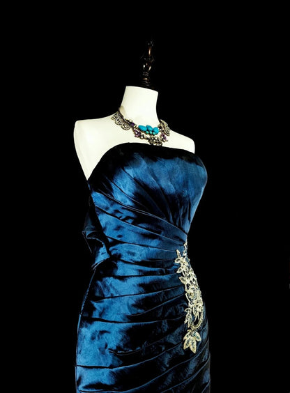 Vintage Prom Dresses Mermaid Strapless Folds Navy Blue Satin With Appliques Long Party Dress N2372