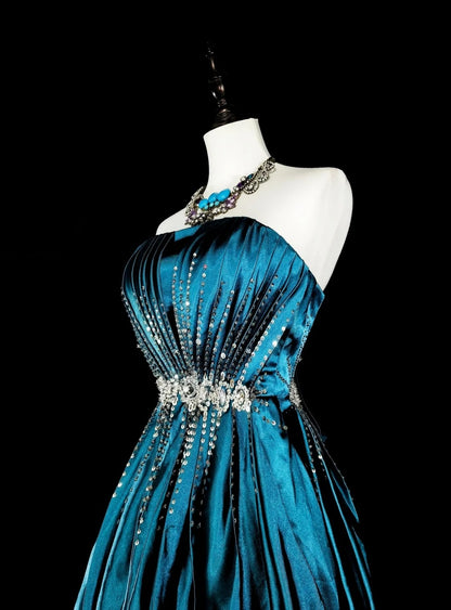 Vintage-Abendkleider im Stil der 1950er Jahre, Retro-A-Linie, trägerlos, lang, aus Satin mit Perlenstickerei N2008