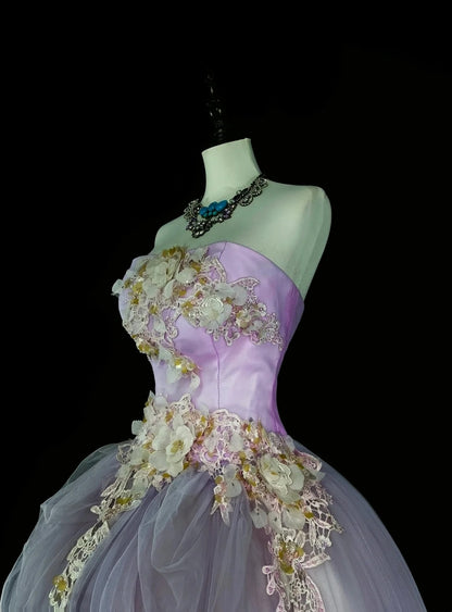 Vintage Ballkleider Abschlussballkleid Trägerlos Lila mit 3D-Applikationen 2000er Jahre Langes Partykleid N2380