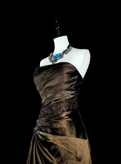 Robe de bal vintage, style rétro années 1950, sirène, bustier, longue, marron, ornée de perles N2009