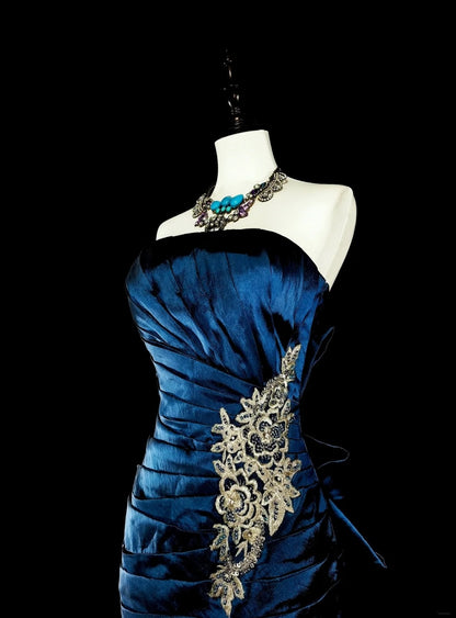 Vintage Prom Dresses Mermaid Strapless Folds Navy Blue Satin With Appliques Long Party Dress N2372