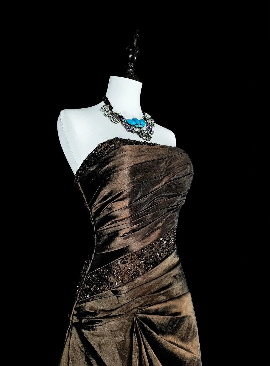 Robe de bal vintage, style rétro années 1950, sirène, bustier, longue, marron, ornée de perles N2009