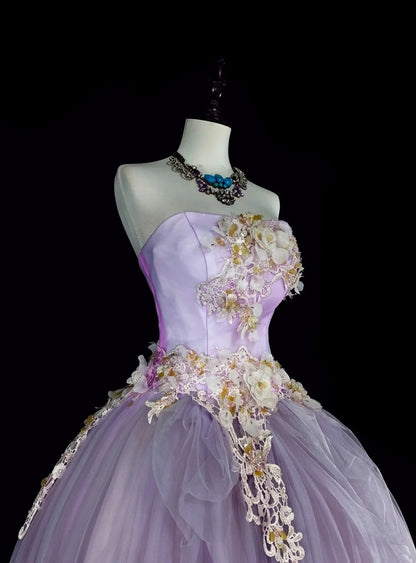 Vintage Ballkleider Abschlussballkleid Trägerlos Lila mit 3D-Applikationen 2000er Jahre Langes Partykleid N2380