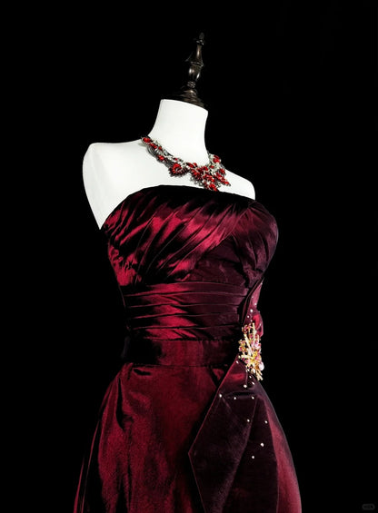 Robe de soirée vintage années 90, coupe trapèze, bustier, en satin bordeaux, robe de bal longue N1760
