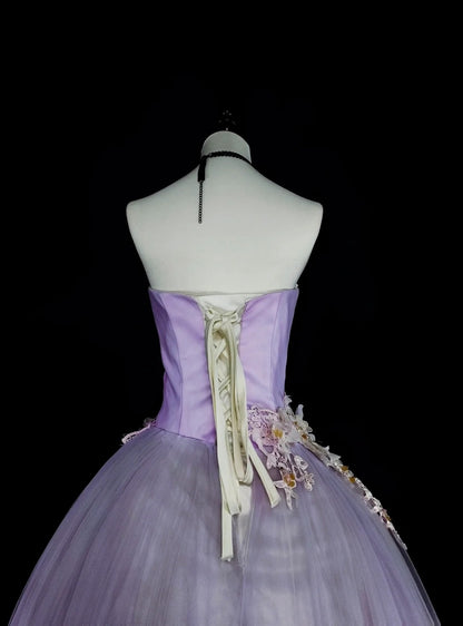 Vintage Ballkleider Abschlussballkleid Trägerlos Lila mit 3D-Applikationen 2000er Jahre Langes Partykleid N2380