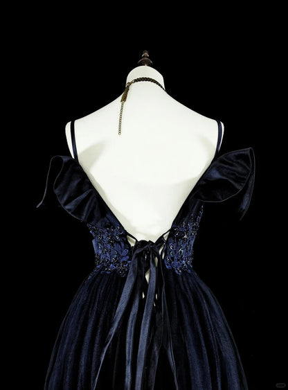 Vintage Abschlussballkleider A-Linie Spaghettiträger Off-Shoulder Marineblau Tüll mit Applikationen 80er Jahre Langes Festkleid N2722