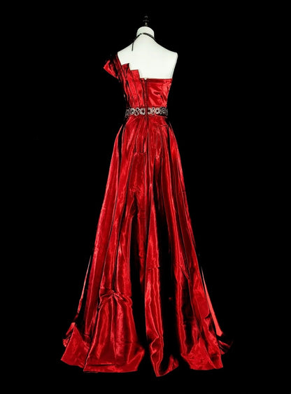 Vintage A Line One Shoulder Red With Beadings Long Prom Gown Party Wear Fashion Dresses N1825