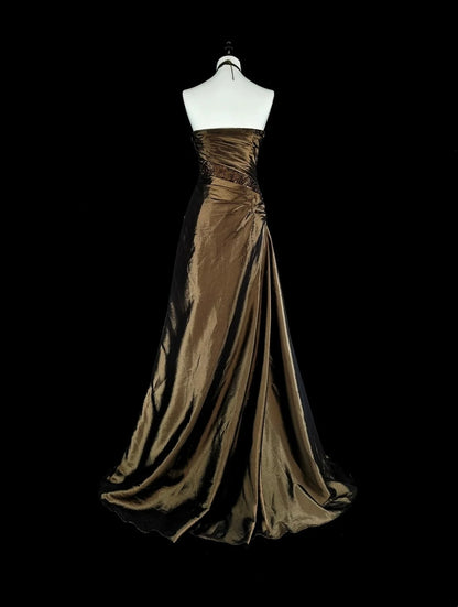 Robe de bal vintage, style rétro années 1950, sirène, bustier, longue, marron, ornée de perles N2009
