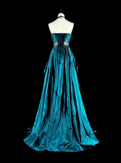 Vintage-Abendkleider im Stil der 1950er Jahre, Retro-A-Linie, trägerlos, lang, aus Satin mit Perlenstickerei N2008