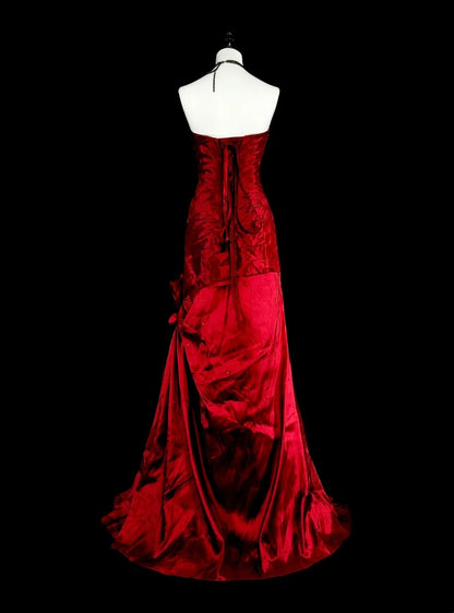 Vintage Prom Dresses Mermaid Sweetheart Burgudy Satin With Beads Folds Long Formal Dress N2385