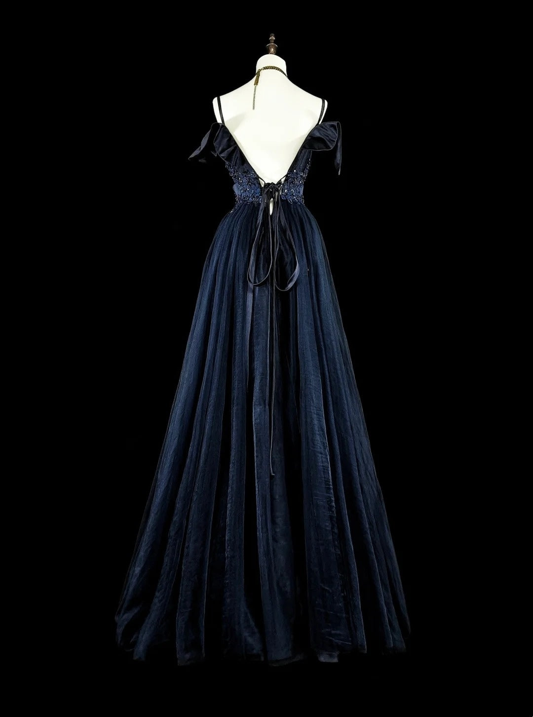 Vintage Abschlussballkleider A-Linie Spaghettiträger Off-Shoulder Marineblau Tüll mit Applikationen 80er Jahre Langes Festkleid N2722
