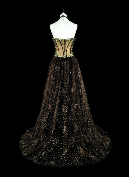 Vintage Prom Dresses Ästhetik 1970er Retro Ballkleid Trägerloses Schwarzes Tüll Langes Abendkleid N2153
