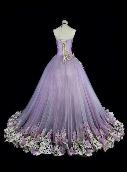 Vintage Ballkleider Abschlussballkleid Trägerlos Lila mit 3D-Applikationen 2000er Jahre Langes Partykleid N2380