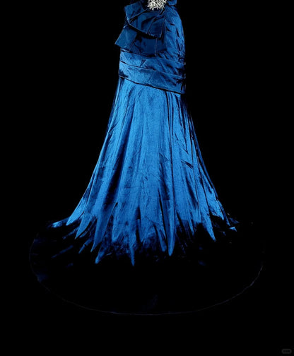 Vintage Prom Dresses Mermaid Strapless Folds Navy Blue Satin With Appliques Long Party Dress N2372