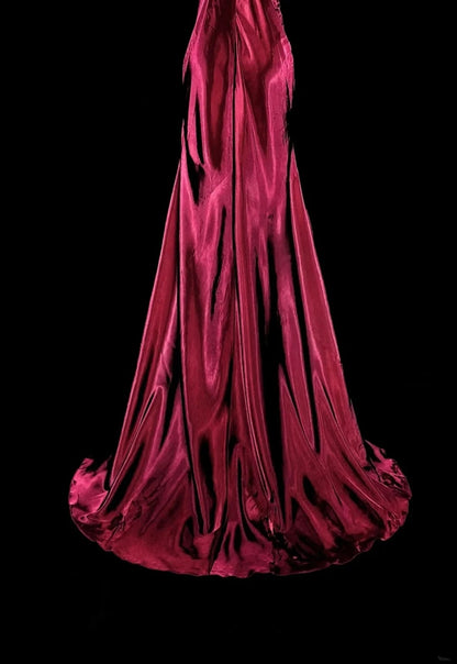 Robe de bal longue vintage sirène col V en satin bordeaux foncé ornée de perles, N1829