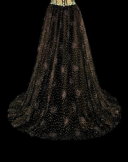 Vintage Prom Dresses Ästhetik 1970er Retro Ballkleid Trägerloses Schwarzes Tüll Langes Abendkleid N2153