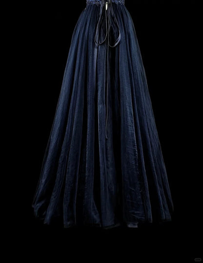 Vintage Abschlussballkleider A-Linie Spaghettiträger Off-Shoulder Marineblau Tüll mit Applikationen 80er Jahre Langes Festkleid N2722