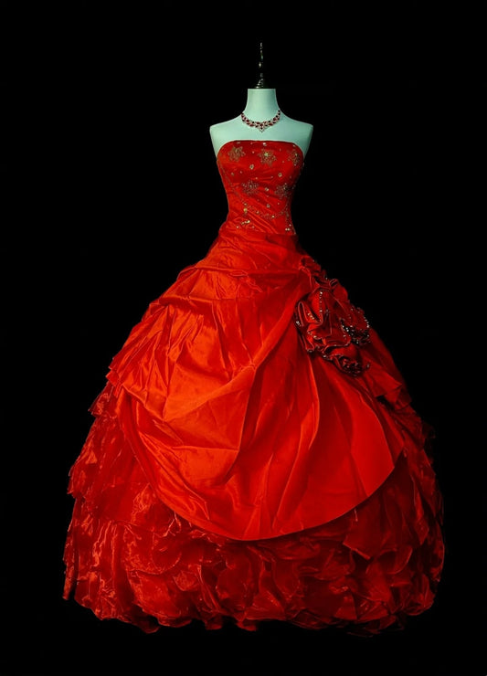 Vintage Ballkleid, trägerlos, roter Satin, gestuft, Sweet 16 Kleider, Quinceañera Kleid, lang, Vestidos De Fiesta N1435