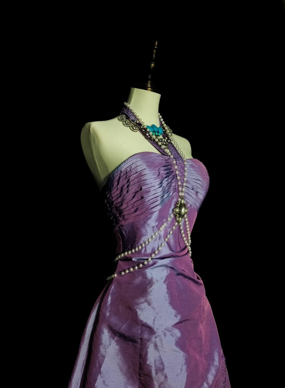 Robe de bal vintage bustier en taffetas lilas années 80, robe de soirée longue et élégante N1428