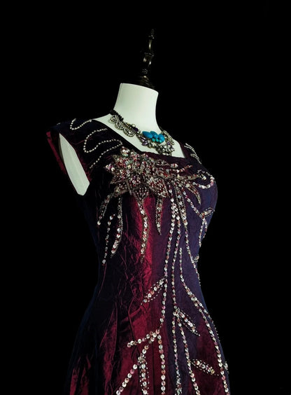 Vintage Ballkleider A-Linie, eckiger Ausschnitt, Lila mit Perlenstickerei, 1970er Jahre, langes Abendkleid N2700