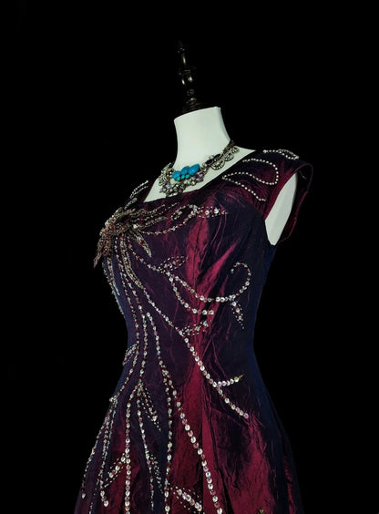 Vintage Ballkleider A-Linie, eckiger Ausschnitt, Lila mit Perlenstickerei, 1970er Jahre, langes Abendkleid N2700