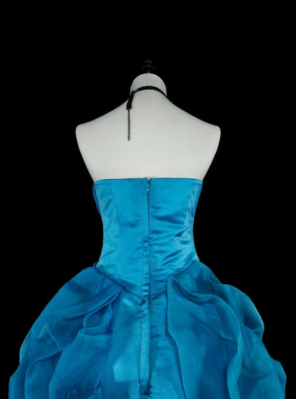 Vintage 1760s Ball Gown Strapless Blue Organza Sleeves Pleated Long Prom Dresses N1586