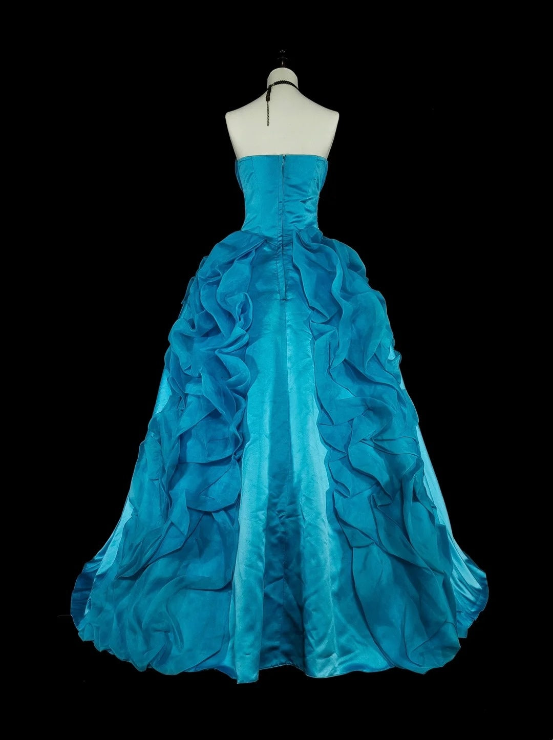 Vintage 1760s Ball Gown Strapless Blue Organza Sleeves Pleated Long Prom Dresses N1586
