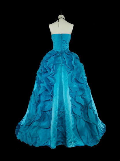 Vintage 1760s Ball Gown Strapless Blue Organza Sleeves Pleated Long Prom Dresses N1586