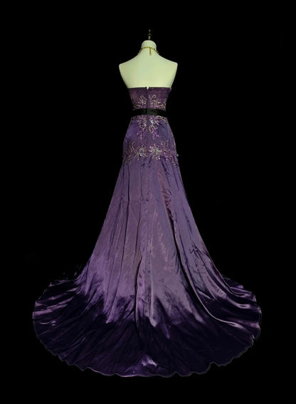 Robe de bal longue sans manches en satin couleur raisin, coupe trapèze, style années 70/80, style années 80, référence N1434