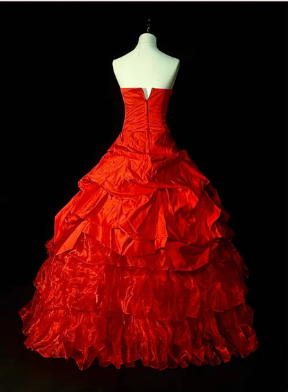 Robe de bal vintage bustier en satin rouge à volants, robe de quinceañera longue (taille 15) - N1435