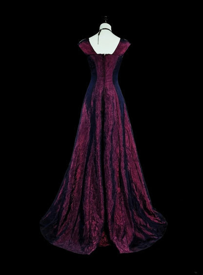 Vintage Ballkleider A-Linie, eckiger Ausschnitt, Lila mit Perlenstickerei, 1970er Jahre, langes Abendkleid N2700
