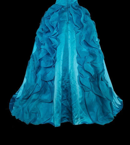 Vintage 1760s Ball Gown Strapless Blue Organza Sleeves Pleated Long Prom Dresses N1586