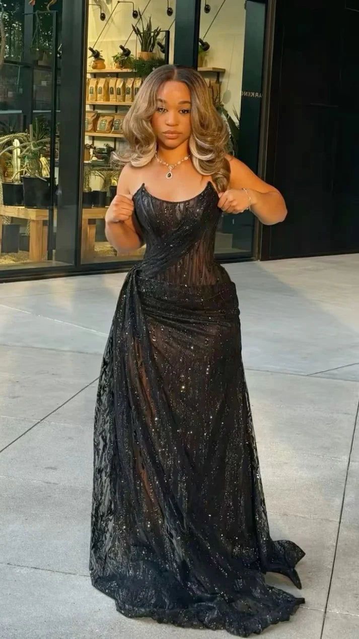 Robe de soirée longue bustier bleu marine étincelante, robes de bal sirène à sequins moulante pour femmes N4092