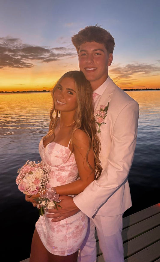 Sparkly Sheath Spaghetti Strap Lace Pink Mini Homecoming Gown inspo Short Cocktail Hoco Dresses RB6057