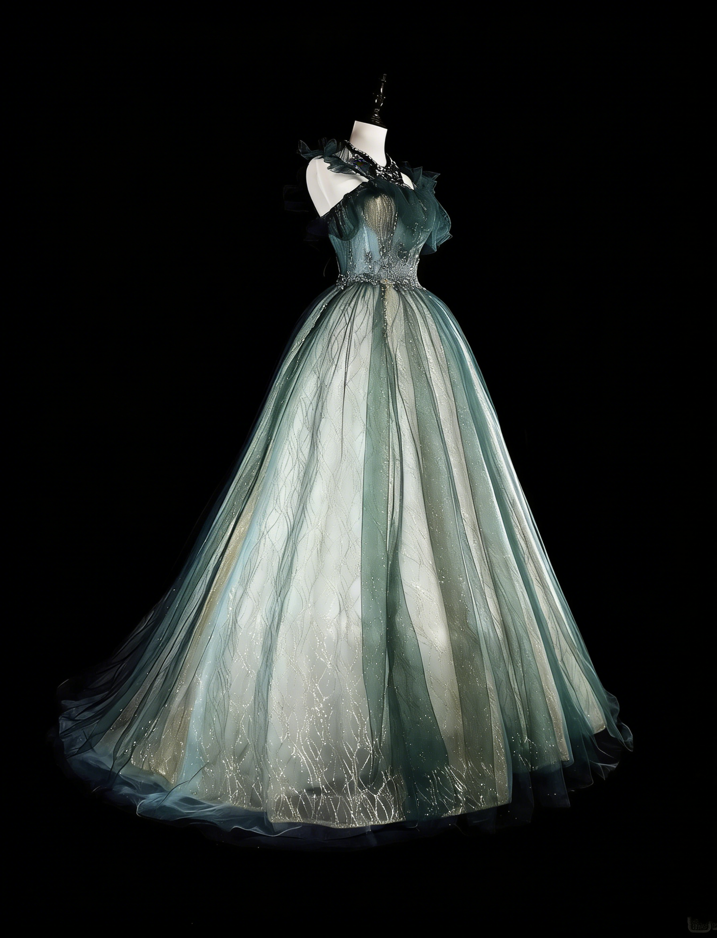 Vintage Prom Dresses Ball Gown Straps Green Tulle With Ruffle 1980s Long Formal Gown N2712