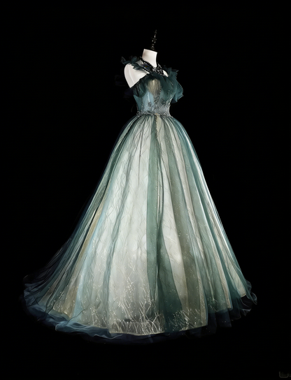 Vintage Prom Dresses Ball Gown Straps Green Tulle With Ruffle 1980s Long Formal Gown N2712