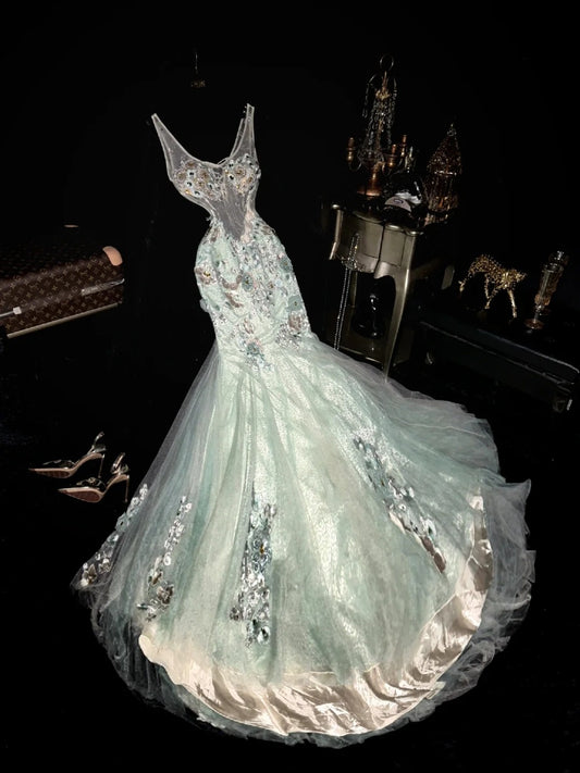 Glamorous Mermaid V Neck Mint Green Tulle School Dances With Appliqued Prom Dresses 8th Grade Formal Outfits Evening Dress RB8413