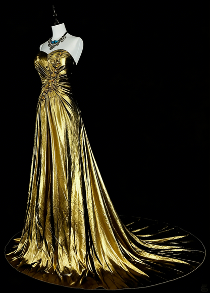 Vintage A Line One Shoulder Gold Pleated Sleeveless 80s Prom Dresses Long Formal Party Gown N1469