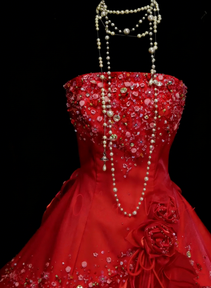 Robe de bal vintage bustier en satin rouge à volants, robe de quinceañera longue (taille 15) - N1446