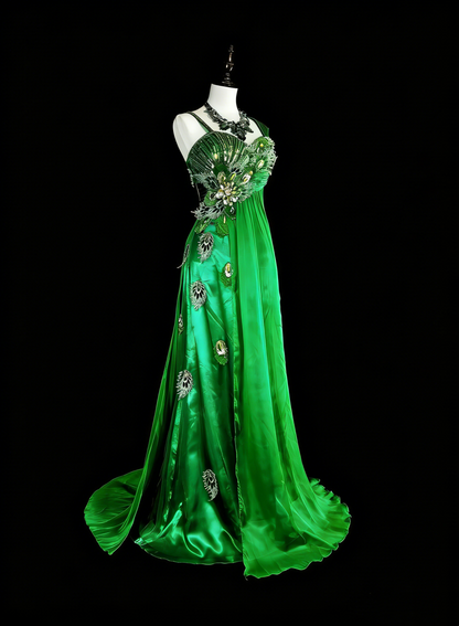 Robe de bal longue verte vintage années 70, coupe trapèze, bretelles, plissée et ornée de perles, référence N1840
