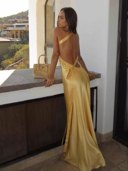 Gelbes Abendkleid, rückenfreies Partykleid, sexy Meerjungfrauen-Abendkleid AB1649