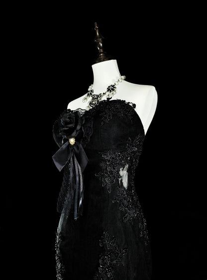 Vintage Meerjungfrauen-Abendkleid aus den 1980er Jahren, ärmellos, schwarz, Tüll, mit Applikationen, N1599