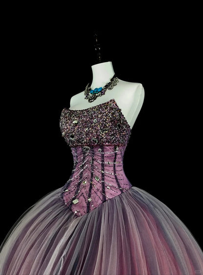 Princess Ball Gown Strapless Purple Tulle With Beaded Sweet 16 Dresses Quinceanera Dress N3416